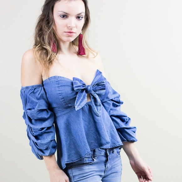 FLASH SALE!! Denim Bustier Tie Top Puff Sleeve - Picture 6 of 6
